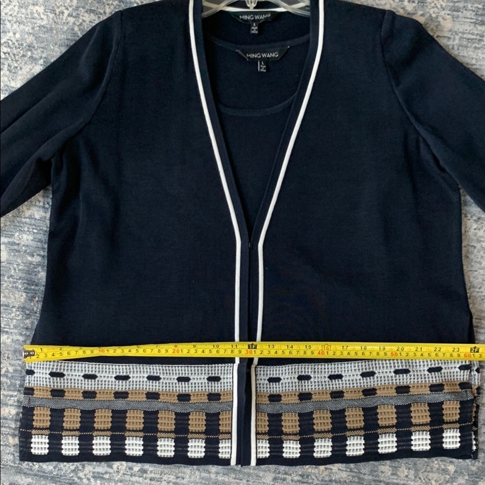 Ming Wang Dark Navy, Tan and White Geometric Cardigan Sweater - Picture 4 of 7